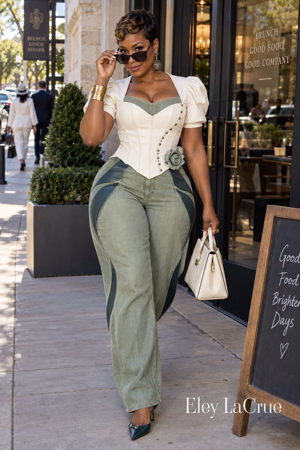 Eley LaCrue sage denim trousers and structured cream top