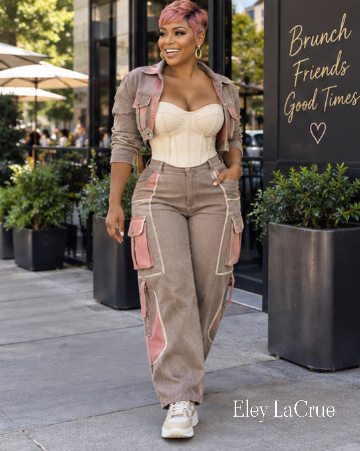 Eley LaCrue taupe and pink casual denim outfit